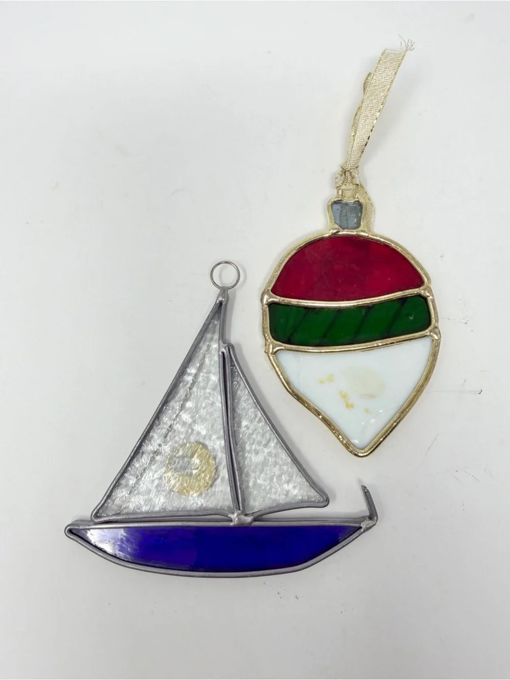 NWOT Cape Cod Holiday Ornaments Set of 2 Blue Sailboat & Red, Green, White Bulb